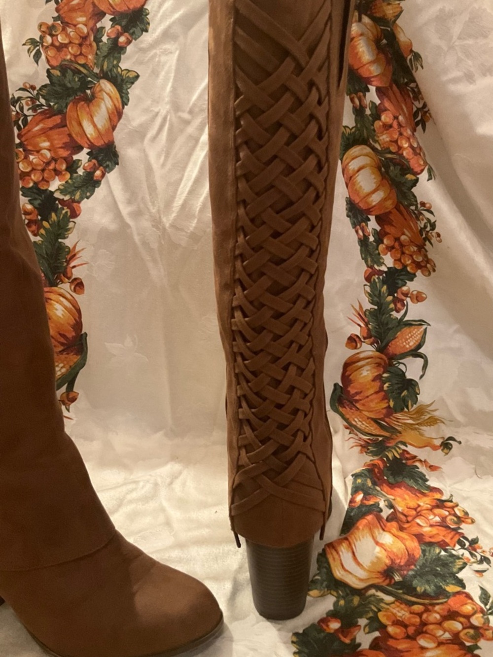 Fergalicious Brown Knee-High Braided-Back Block Heel Boots - Picture 3 of 8